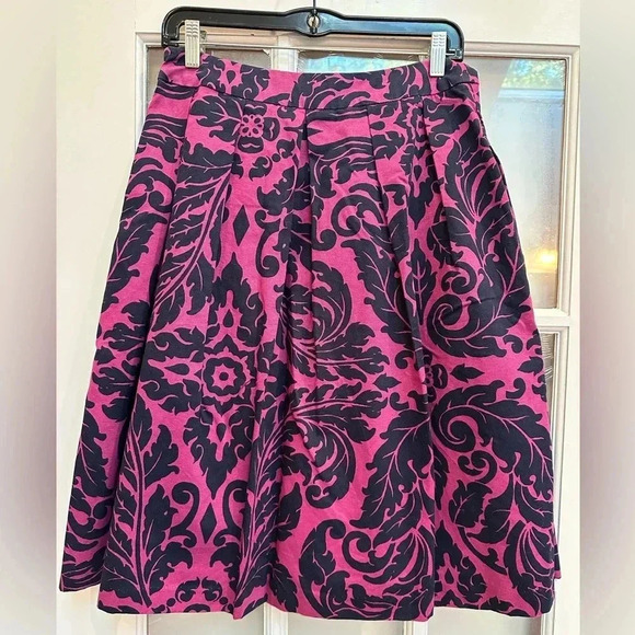 Boden A-Line Sophia Pleated Knee Length Purple Navy Damask  Skirt Size 6L Long - Picture 2 of 10